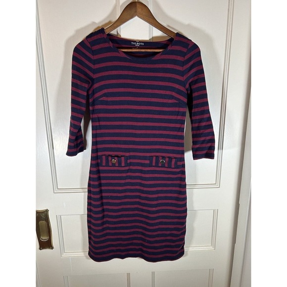 Talbots Women’s Navy Red Stripe Cotton Shift Dress 3/4 Sleeves Small Petite - Picture 1 of 9